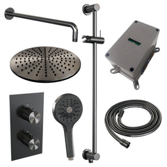 Brauer Carving inbouwset met 3-weg thermostaat - hoofddouche 30cm - gebogen wandarm 40cm - ronde 3-standen handdouche - glijstang met aansluitbocht - Geborsteld Gunmetal PVD