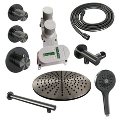 Brauer Carving thermostatische inbouw doucheset - hoofddouche 30cm - rechte wandarm - 3 standen handdouche rond - Geborsteld Gunmetal PVD