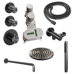 Brauer Edition thermostatische inbouw doucheset - hoofddouche 20cm - wandarm gebogen - staafhanddouche - Geborsteld Gunmetal PVD