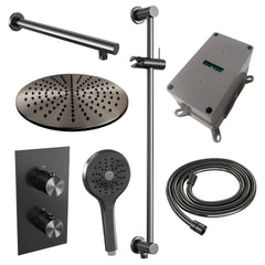 Brauer Edition inbouwset met 3-weg thermostaat - hoofddouche 30cm - rechte wandarm 40cm - ronde 3-standen handdouche - wandaansluiting - Geborsteld Gunmetal PVD