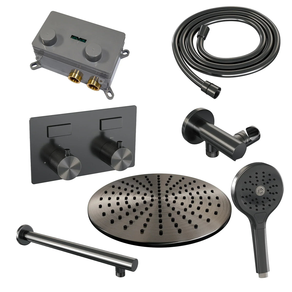 Brauer Carving inbouw doucheset - ronde handdouche - 30cm hoofdouche - rechte wandarm - wandsteun - Geborsteld Gunmetal PVD