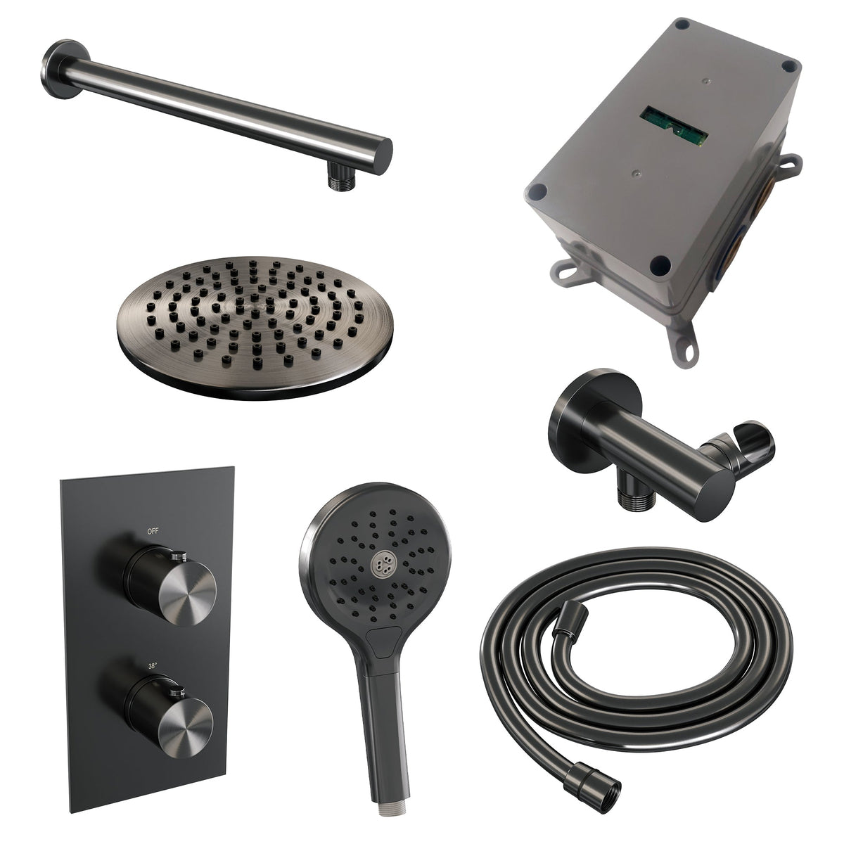 Brauer Edition inbouwset met 3-weg thermostaat - hoofddouche 20cm - rechte wandarm 40cm - ronde 3-standen handdouche - wandaansluiting - Geborsteld Gunmetal PVD