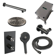 Brauer Edition inbouwset met 3-weg thermostaat - hoofddouche 20cm - rechte wandarm 40cm - ronde 3-standen handdouche - wandaansluiting - Geborsteld Gunmetal PVD