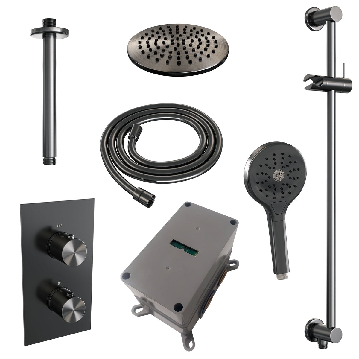 Brauer Edition inbouwset met 3-weg thermostaat - hoofddouche 20cm - plafondbuis 20cm - ronde 3-standen handdouche - glijstang met aansluitbocht - Geborsteld Gunmetal PVD