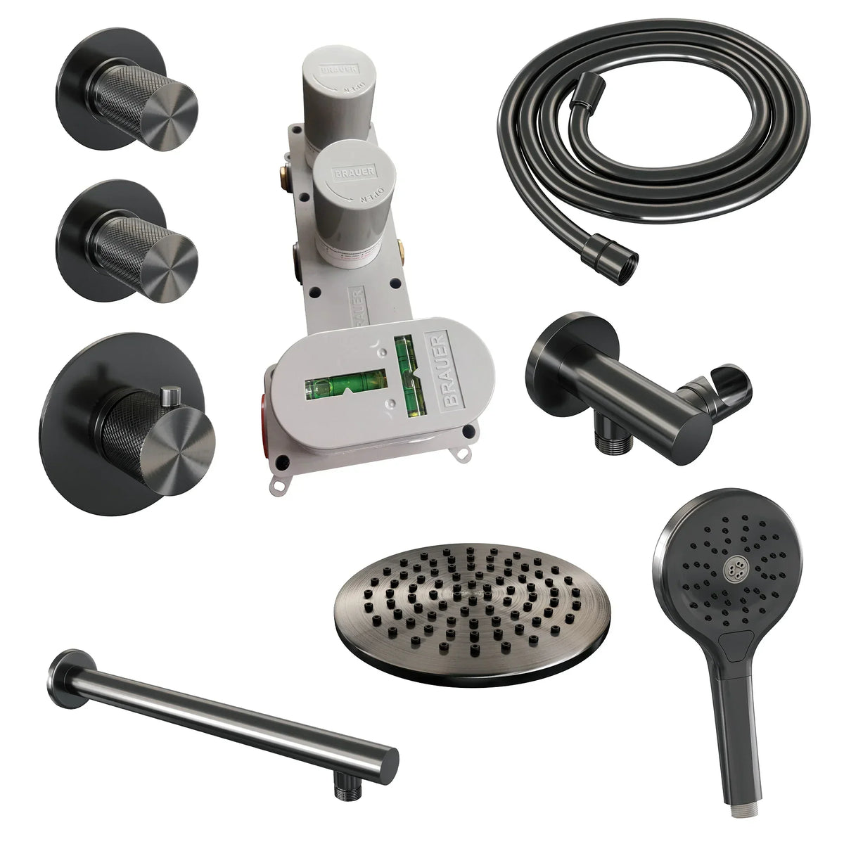Brauer Carving thermostatische inbouw doucheset - hoofddouche 20cm - rechte wandarm - 3 standen handdouche rond - Geborsteld Gunmetal PVD