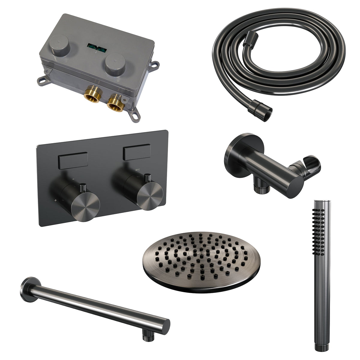 Brauer Edition inbouw doucheset - staafhanddouche - 20cm hoofdouche - rechte wandarm - wandsteun - Geborsteld Gunmetal PVD