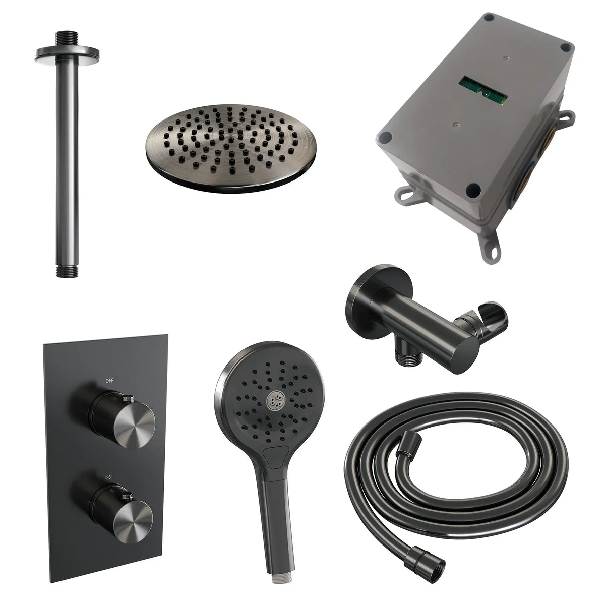 Brauer Edition inbouwset met 3-weg thermostaat - hoofddouche 20cm - plafondbuis 20cm - ronde 3-standen handdouche - wandaansluiting - Geborsteld Gunmetal PVD