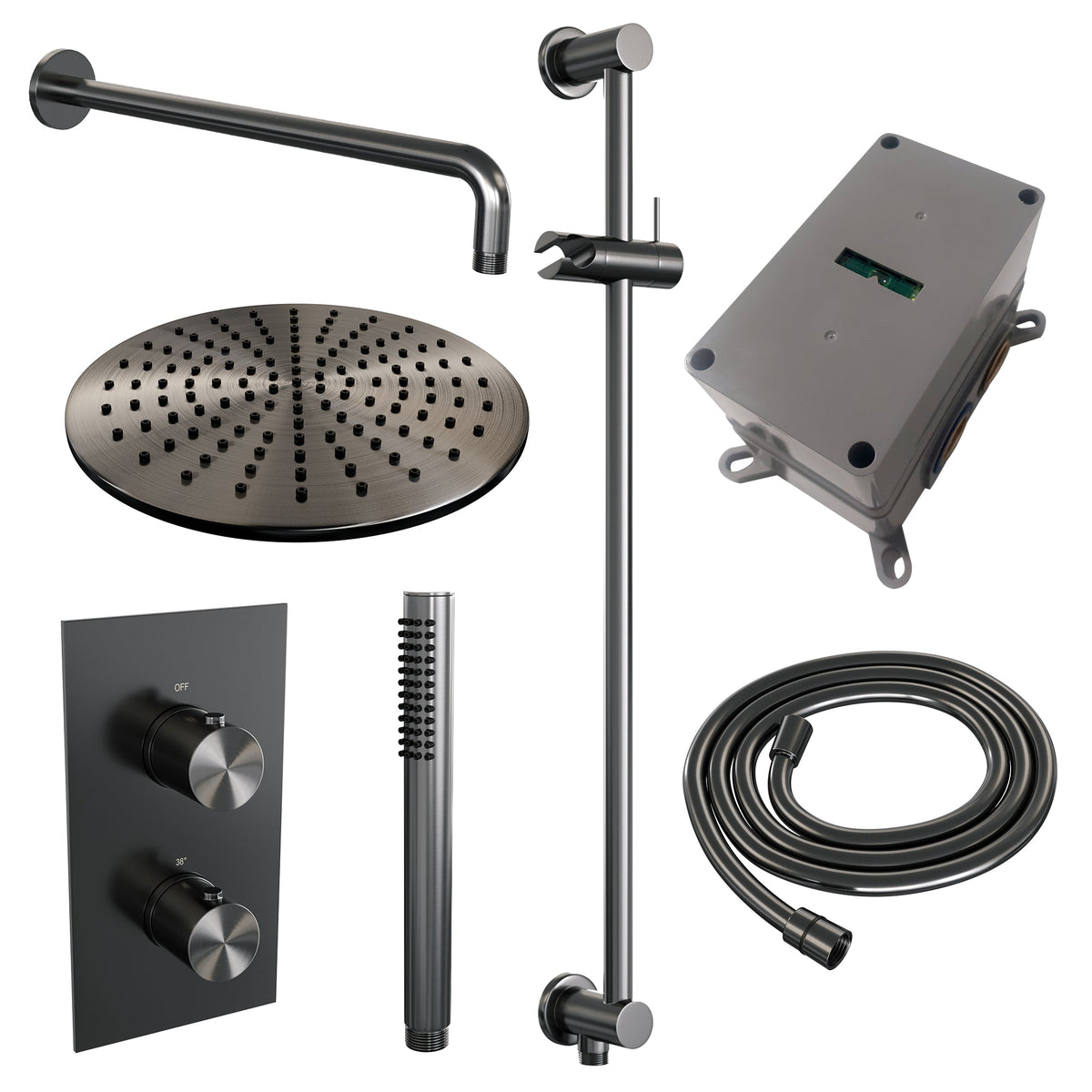 Brauer Edition inbouwset met 3-weg thermostaat - hoofddouche 30cm - gebogen wandarm 40cm - staafhanddouche - glijstang met aansluitbocht - Geborsteld Gunmetal PVD