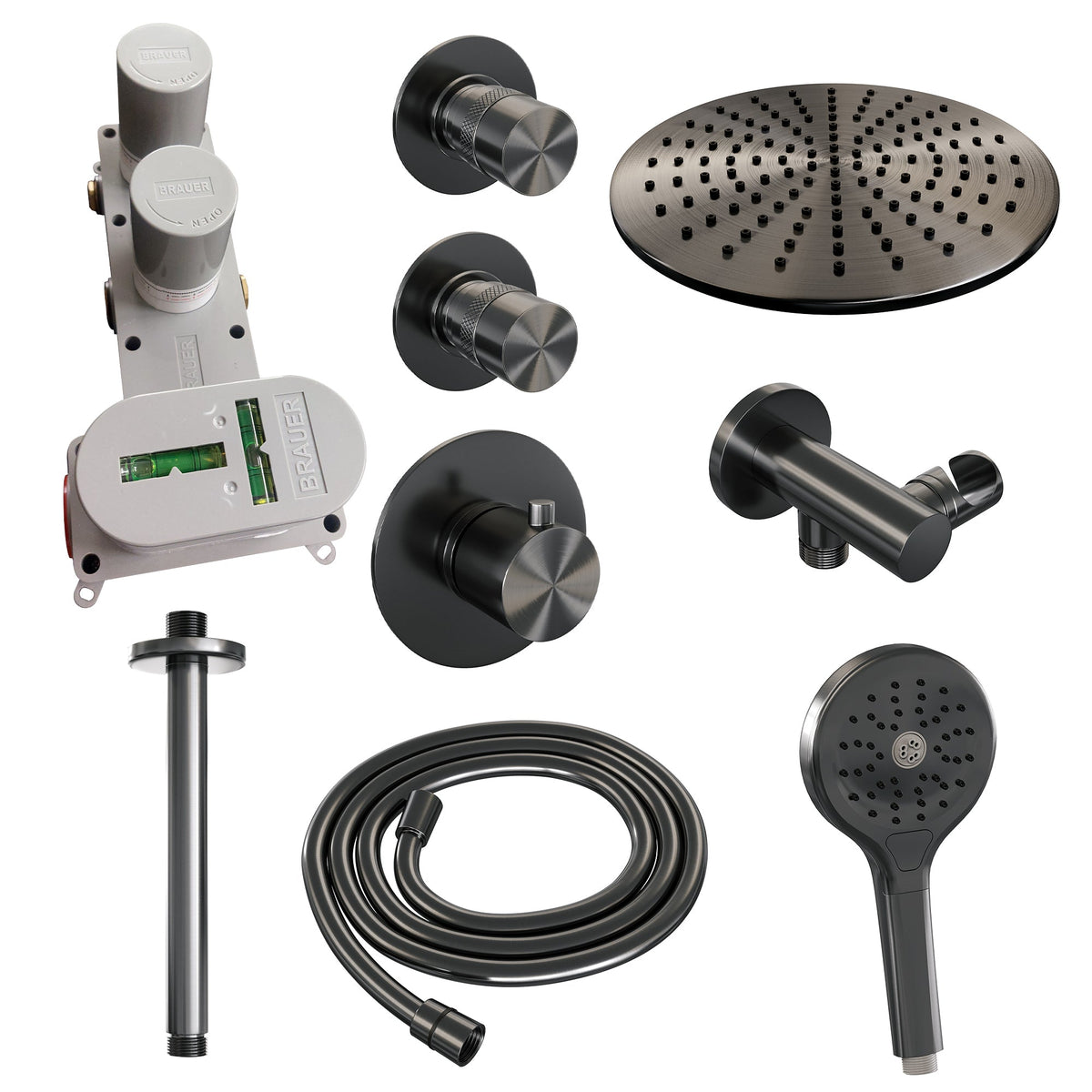 Brauer Edition thermostatische inbouw doucheset - Geborsteld Gunmetal PVD - hoofddouche 30cm - plafondsteun - staafhanddouche