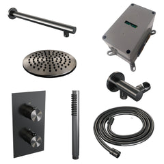 Brauer Edition inbouwset met 3-weg thermostaat - hoofddouche 20cm - rechte wandarm 40cm - staafhanddouche - wandaansluiting - Geborsteld Gunmetal PVD