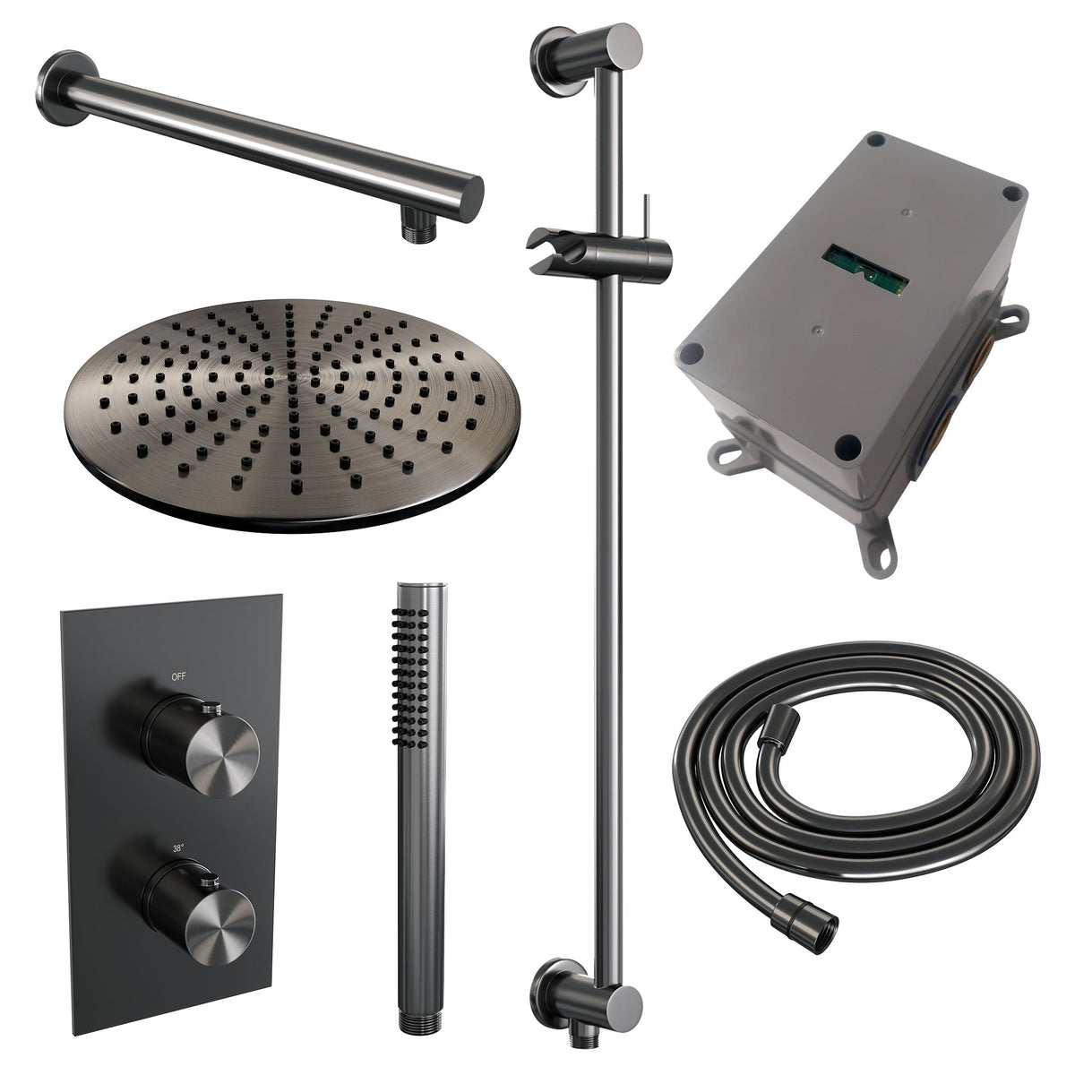 Brauer Edition inbouwset met 3-weg thermostaat - hoofddouche 30cm - rechte wandarm 40cm - staafhanddouche - glijstang met aansluitbocht - Geborsteld Gunmetal PVD
