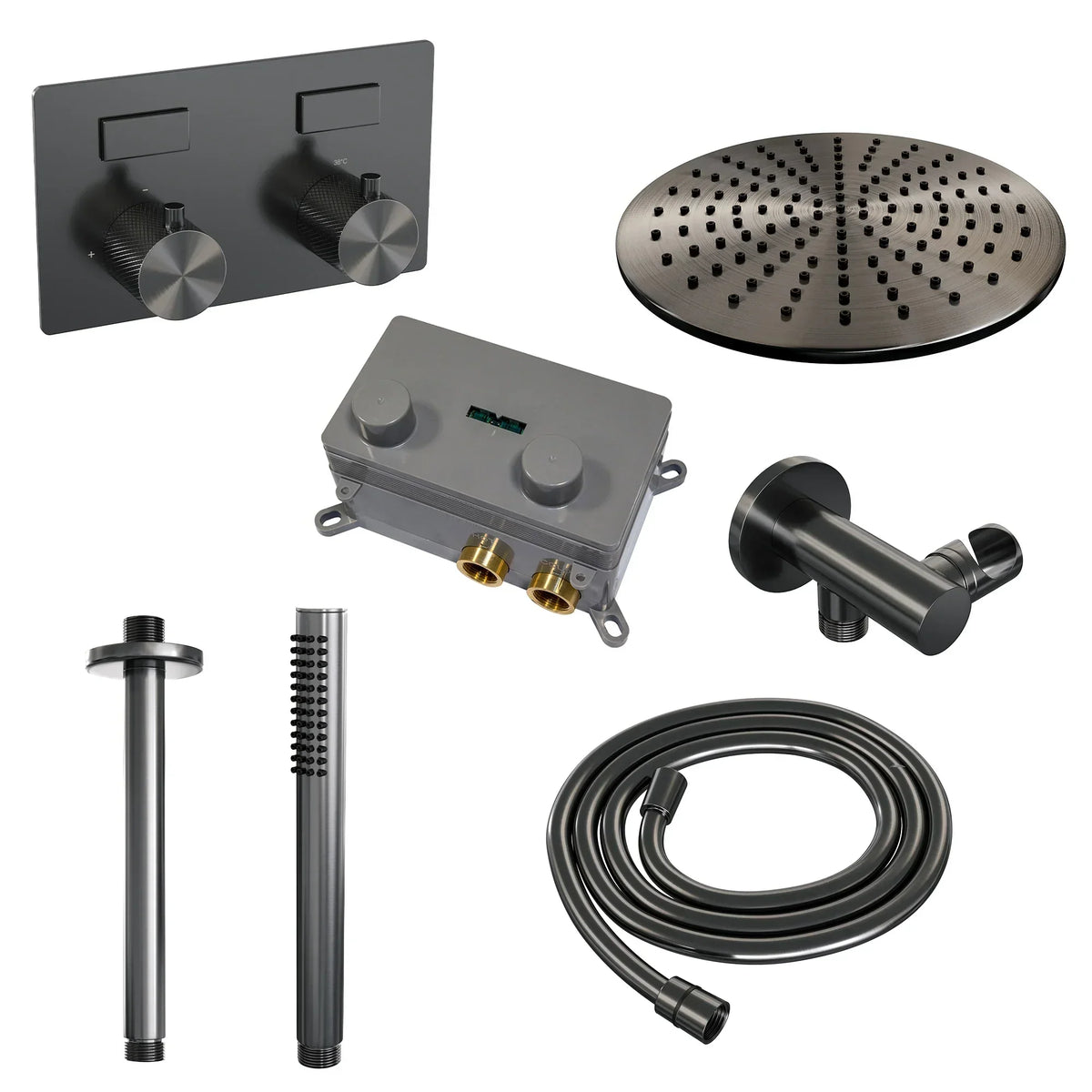 Brauer Carving inbouw doucheset - staafhanddouche - 30cm hoofdouche - plafondbuis - wandsteun - Geborsteld Gunmetal PVD