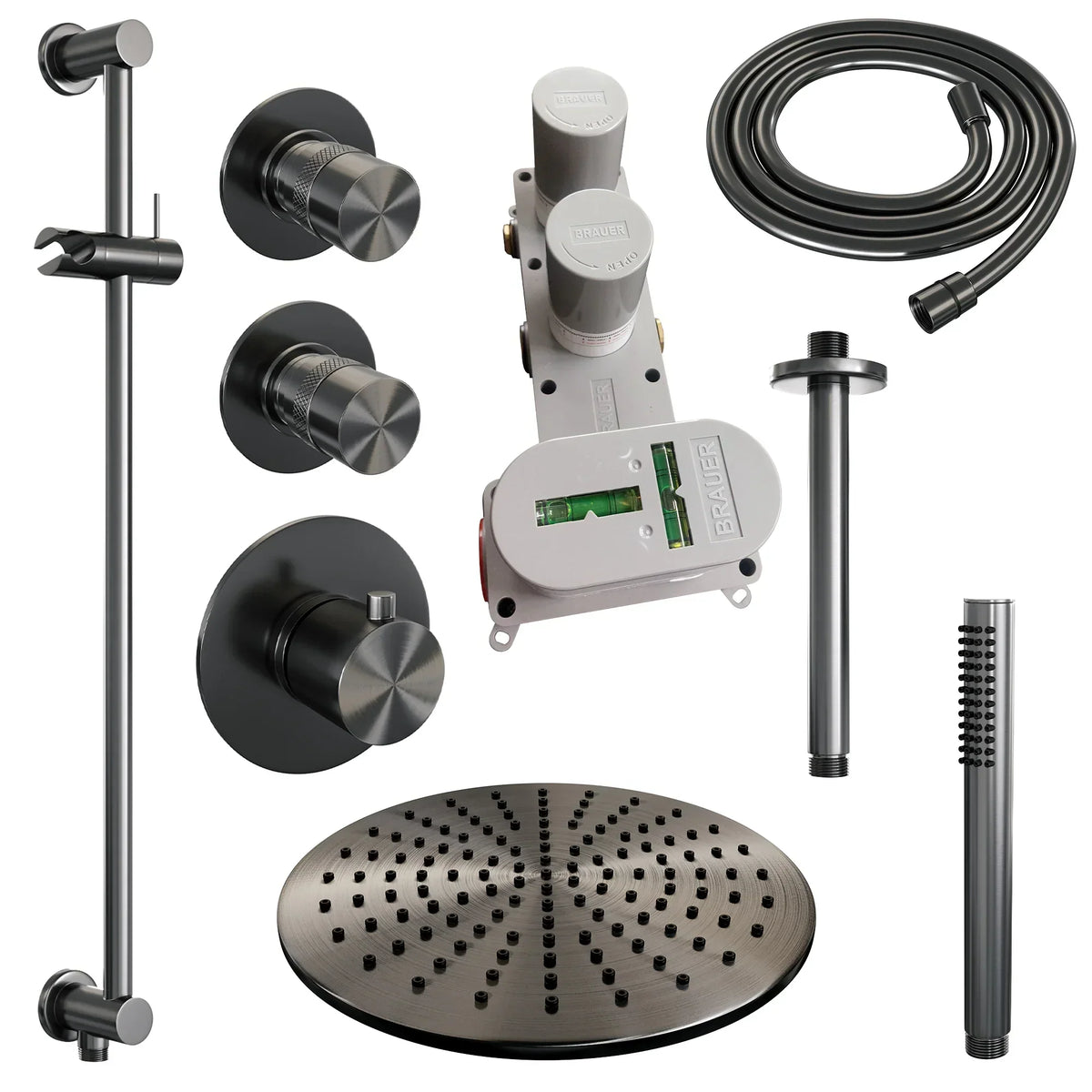 Brauer Edition thermostatische inbouw doucheset - Geborsteld Gunmetal PVD - hoofddouche 30cm - plafondsteun - staafhanddouche - Glijstang