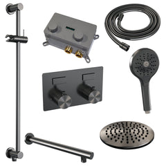 Brauer Carving inbouw doucheset - ronde handdouche - 20cm hoofdouche - rechte wandarm - glijstang - Geborsteld Gunmetal PVD
