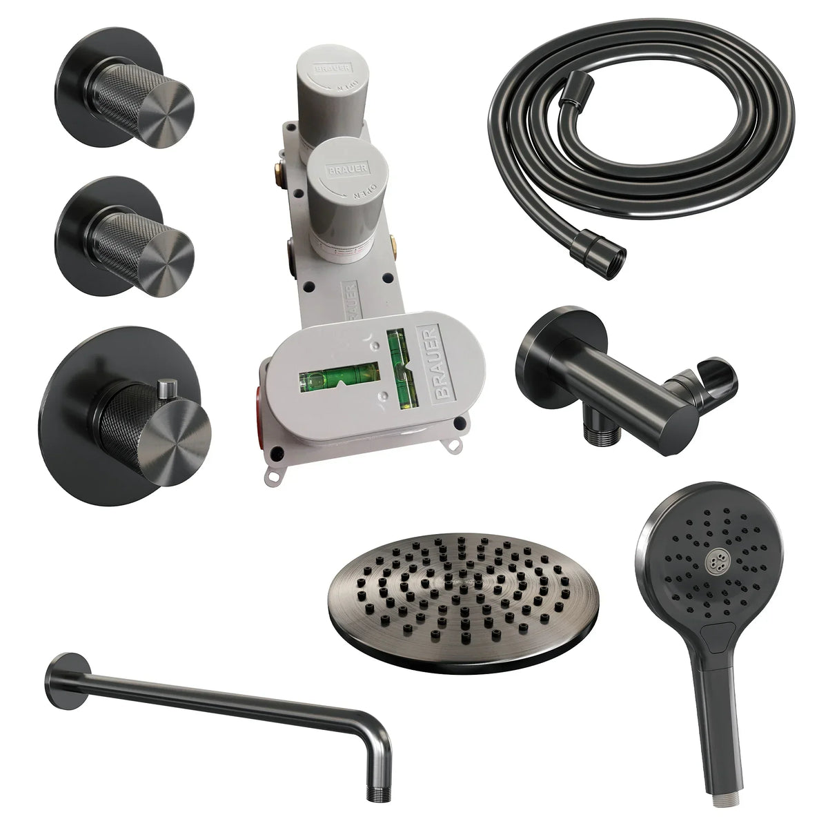 Brauer Carving thermostatische inbouw doucheset - hoofddouche 20cm - gebogen wandarm - 3 standen handdouche rond - Geborsteld Gunmetal PVD