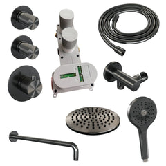 Brauer Carving thermostatische inbouw doucheset - hoofddouche 20cm - gebogen wandarm - 3 standen handdouche rond - Geborsteld Gunmetal PVD