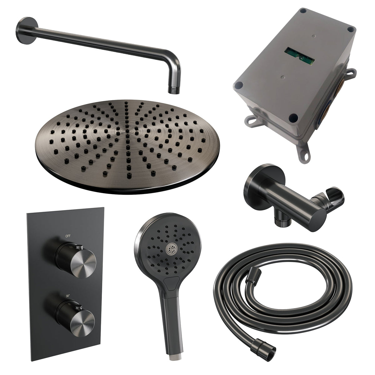Brauer Edition inbouwset met 3-weg thermostaat - hoofddouche 30cm - gebogen wandarm 40cm - ronde 3-standen handdouche - wandaansluiting - Geborsteld Gunmetal PVD