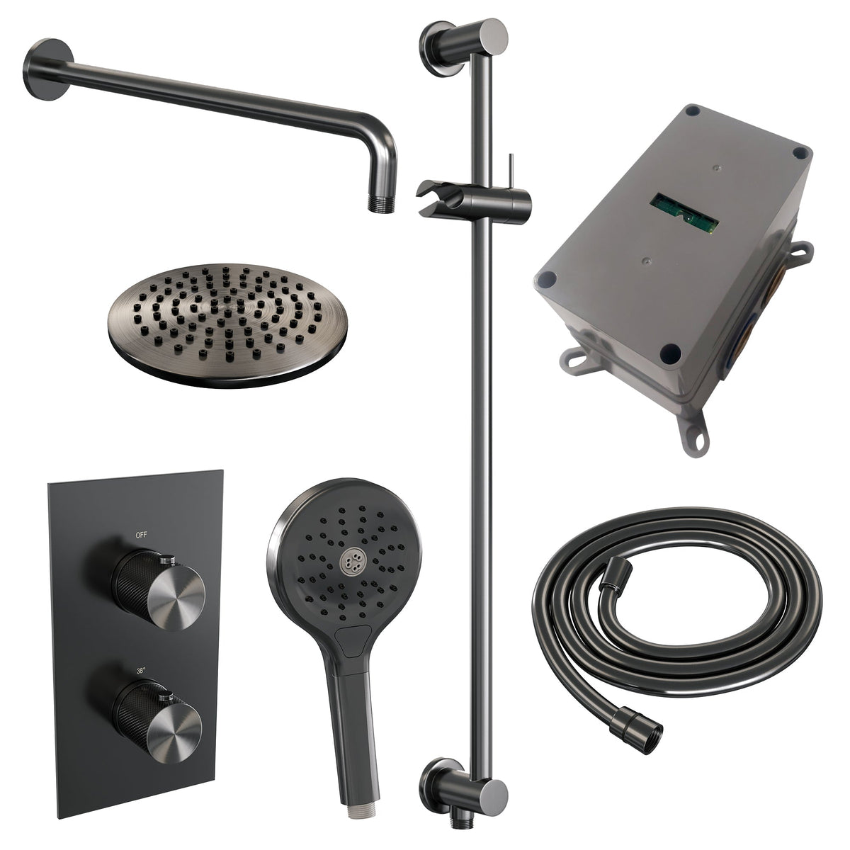 Brauer Carving inbouwset met 3-weg thermostaat - hoofddouche 20cm - gebogen wandarm 40cm - ronde 3-standen handdouche - glijstang met aansluitbocht - Geborsteld Gunmetal PVD