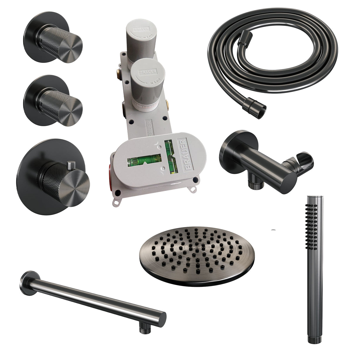 Brauer Carving thermostatische inbouw doucheset - hoofddouche 20cm - rechte wandarm - staafhanddouche - Geborsteld Gunmetal PVD