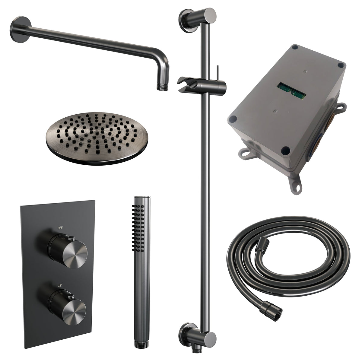 Brauer Edition inbouwset met 3-weg thermostaat - hoofddouche 20cm - gebogen wandarm 40cm - staafhanddouche - glijstang met aansluitbocht - Geborsteld Gunmetal PVD
