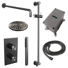 Brauer Edition inbouwset met 3-weg thermostaat - hoofddouche 20cm - gebogen wandarm 40cm - staafhanddouche - glijstang met aansluitbocht - Geborsteld Gunmetal PVD