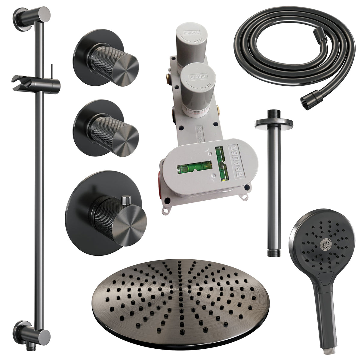 Brauer Carving thermostatische inbouw doucheset - hoofddouche 30cm - plafondbuis - 3 standen handdouche rond - Glijstang - Geborsteld Gunmetal PVD