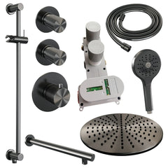 Brauer Carving thermostatische inbouw doucheset - hoofddouche 30cm - rechte wandarm - 3 standen handdouche rond - Glijstang - Geborsteld Gunmetal PVD