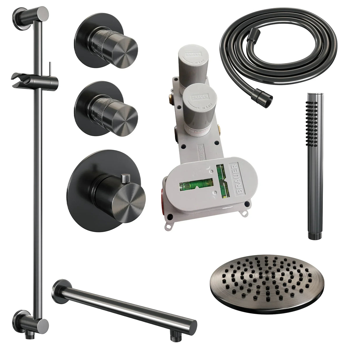 Brauer Edition thermostatische inbouw doucheset - Geborsteld Gunmetal PVD - hoofddouche 20cm - wandarm - staafhanddouche - Glijstang