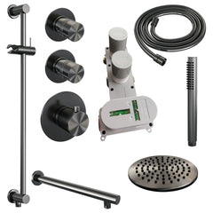 Brauer Edition thermostatische inbouw doucheset - Geborsteld Gunmetal PVD - hoofddouche 20cm - wandarm - staafhanddouche - Glijstang