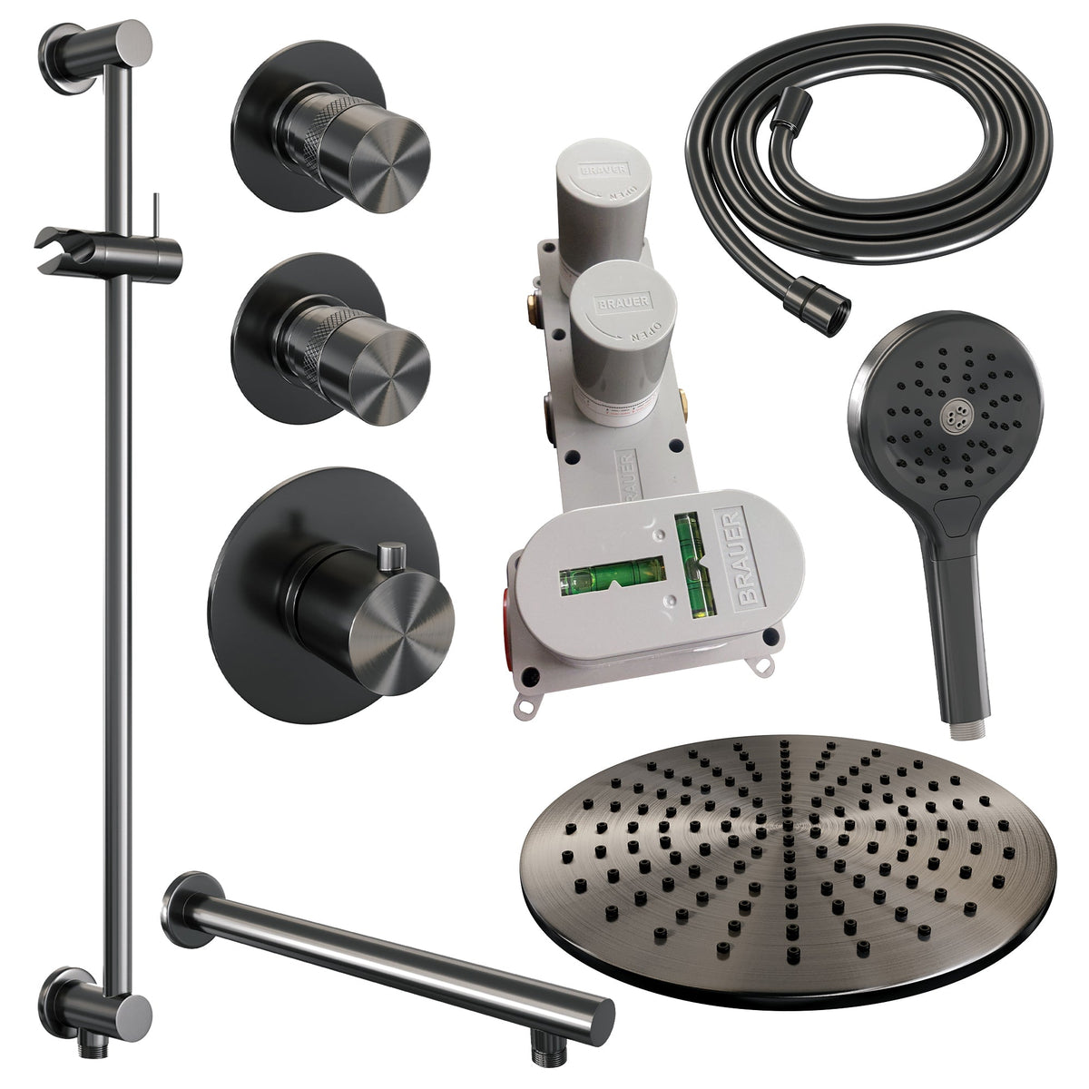 Brauer Edition thermostatische inbouw doucheset - Geborsteld Gunmetal PVD - hoofddouche 30cm - wandarm - ronde handdouche - Glijstang