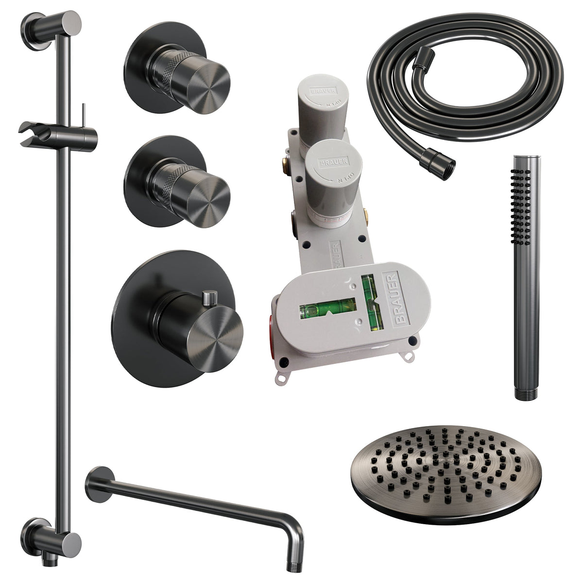 Brauer Edition thermostatische inbouw doucheset - hoofddouche 20cm - wandarm gebogen - staafhanddouche - Glijstang - Geborsteld Gunmetal PVD