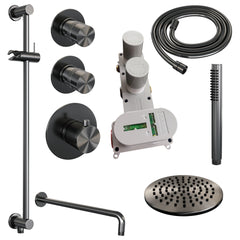 Brauer Edition thermostatische inbouw doucheset - hoofddouche 20cm - wandarm gebogen - staafhanddouche - Glijstang - Geborsteld Gunmetal PVD