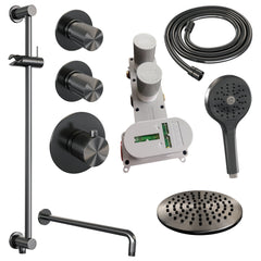 Brauer Carving thermostatische inbouw doucheset - hoofddouche 20cm - gebogen wandarm - 3 standen handdouche rond - Glijstang - Geborsteld Gunmetal PVD