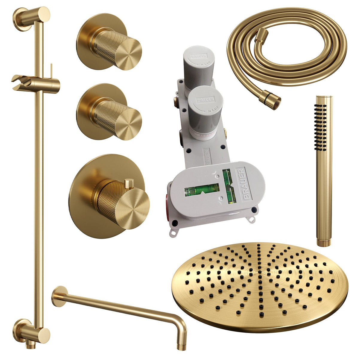 Brauer Carving thermostatische inbouw doucheset - hoofddouche 30cm - gebogen wandarm - staafhanddouche - Glijstang - Geborsteld Goud PVD