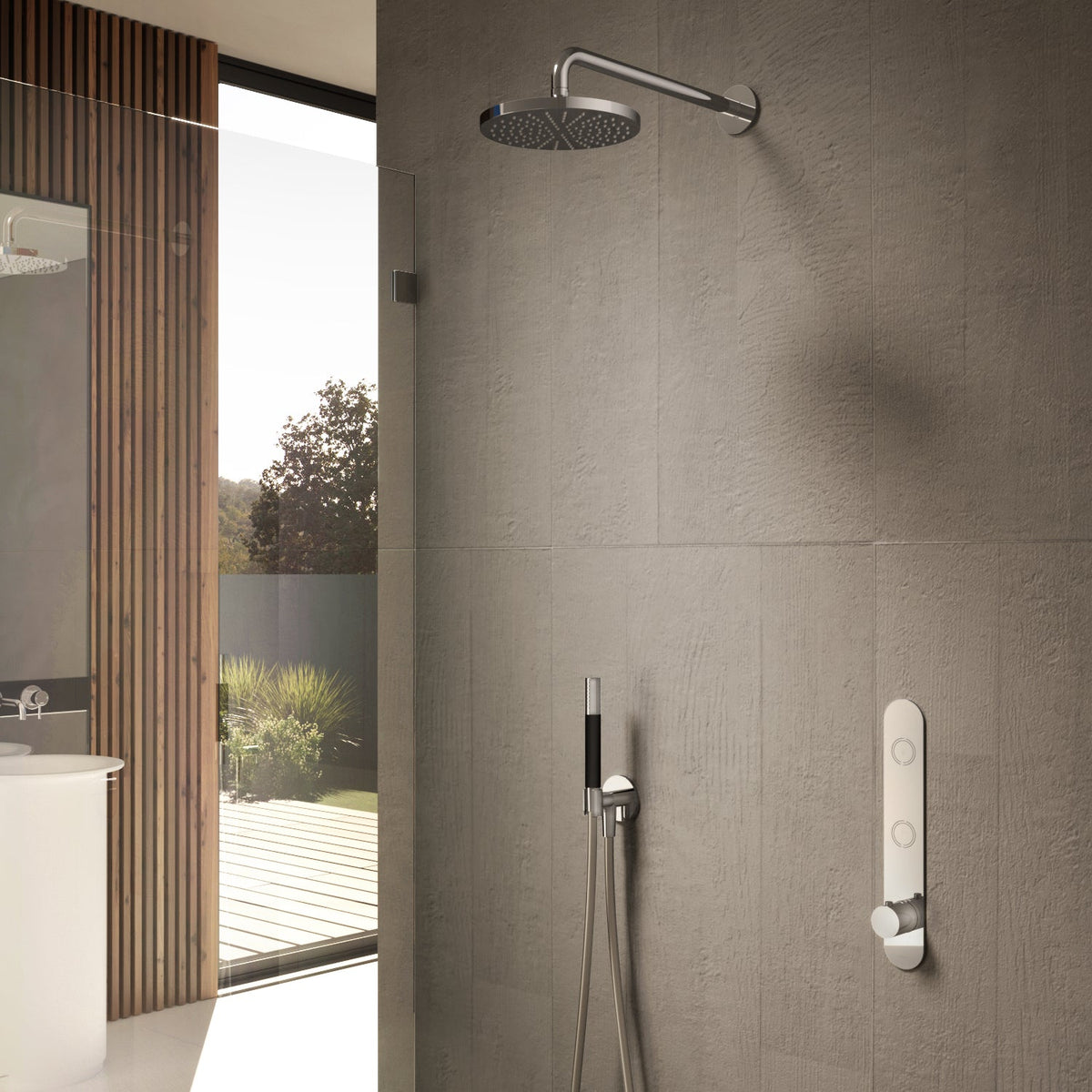 Hotbath Cobber IBS24 inbouw doucheset - staafhanddouche - 20cm hoofddouche - plafondbuis 15cm - wandsteun - Geborsteld Nikkel