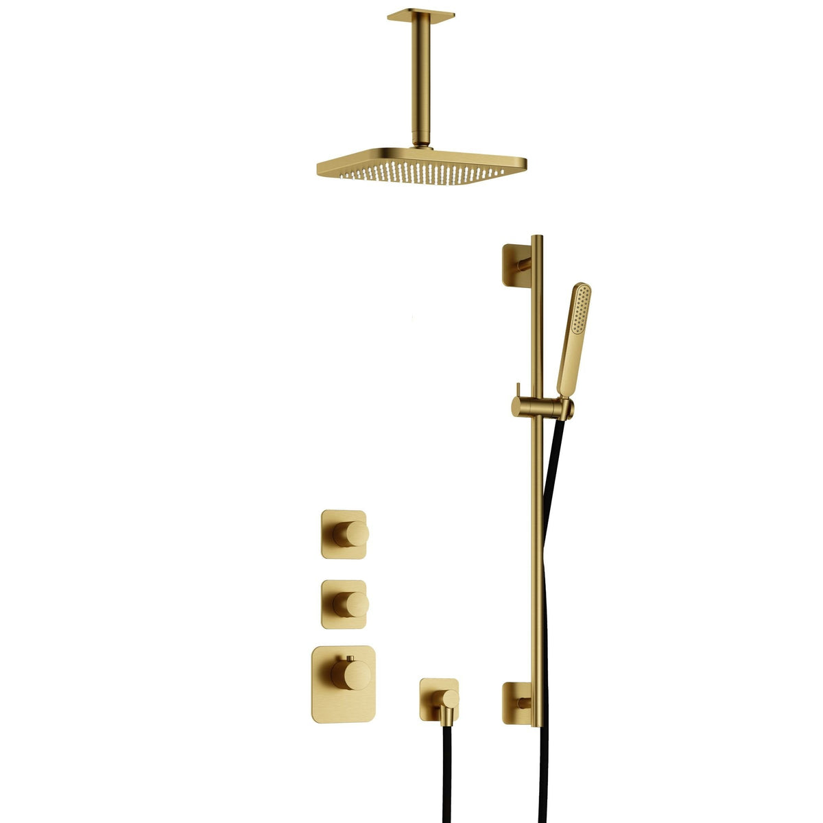 Hotbath Gal IBS40 inbouw doucheset High Flow met 2 stopkranen met plafondbuis en glijstang - Geborsteld Messing PVD