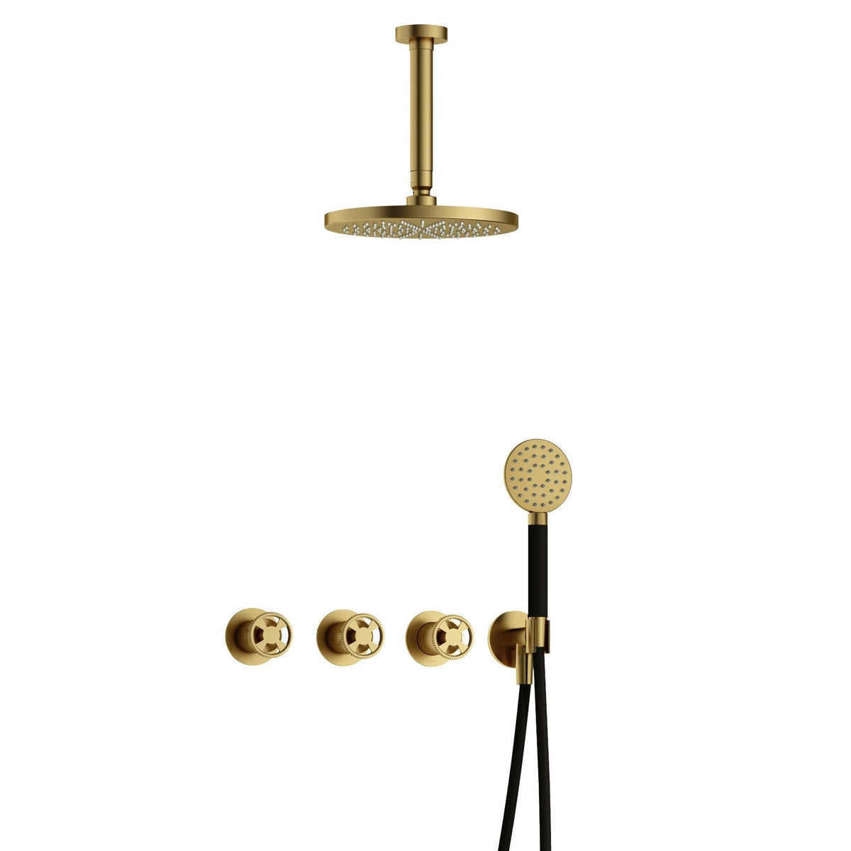 Hotbath Cobber @work IBSW70 inbouw doucheset met 2 stopkranen met ronde handdouche en plafondbuis 15 cm - Geborsteld Messing PVD