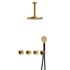 Hotbath Cobber @work IBSW70 inbouw doucheset met 2 stopkranen met ronde handdouche en plafondbuis 15 cm - Geborsteld Messing PVD