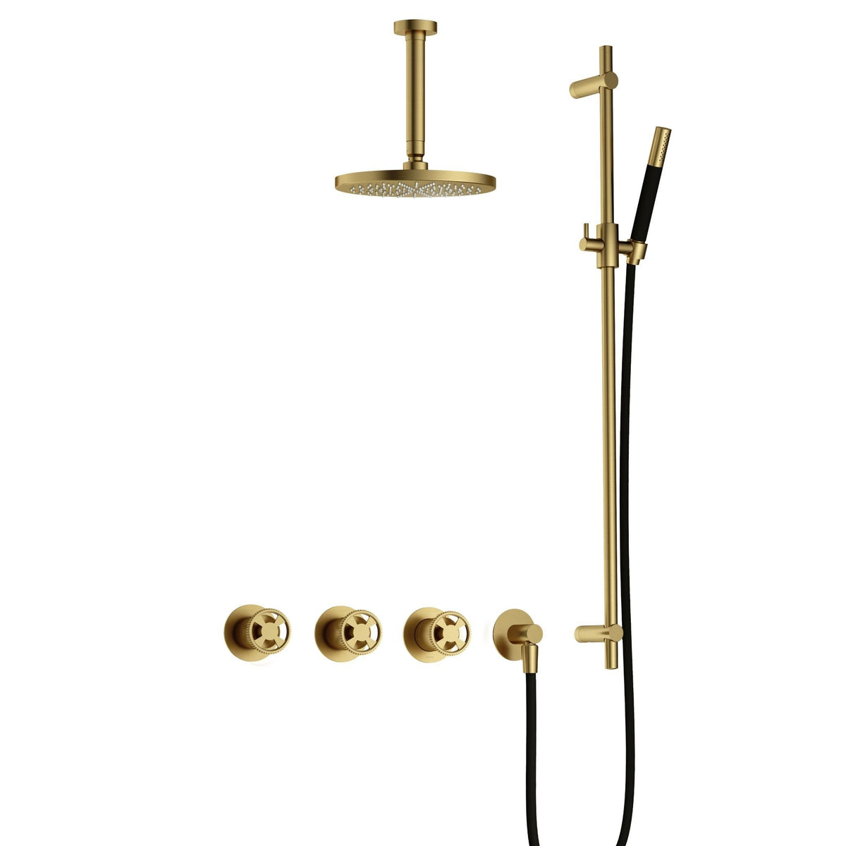 Hotbath Cobber @work IBSW70 inbouw doucheset met 2 stopkranen met plafondbuis 15 cm en glijstang - Geborsteld Messing PVD