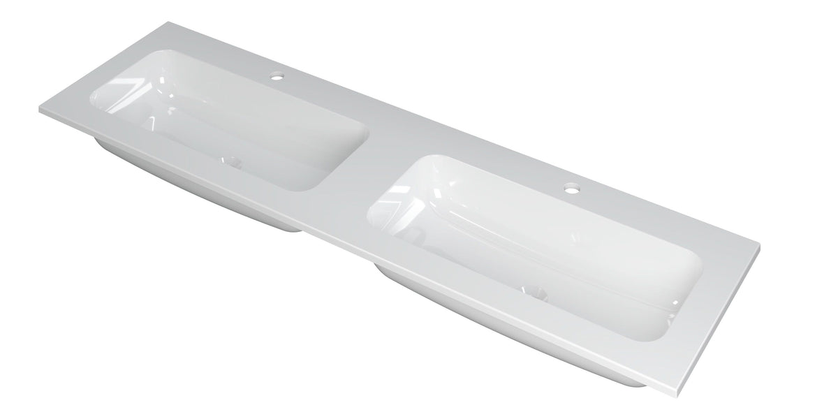 Ink Faktor Wastafel polystone dubbel met 2 kraangaten - Glans Wit - 160x45x1,5cm - 3407042