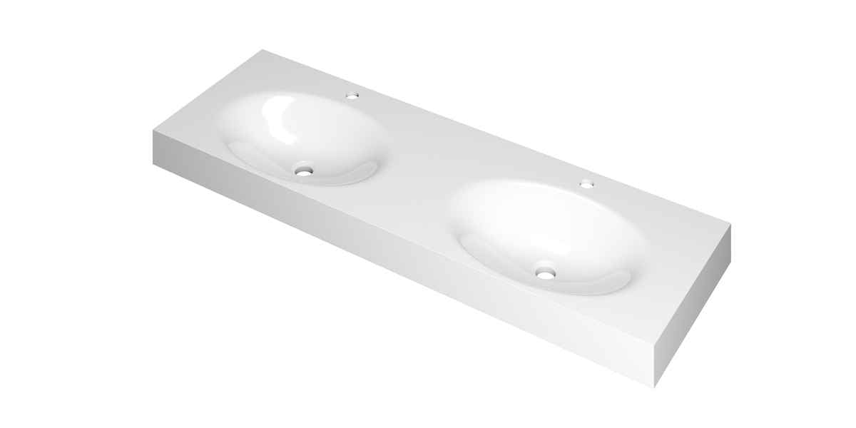 Ink Smooth Double Polystone Washbasin with 2 Tap Holes - Gloss White - 140x45x9cm - 3407372