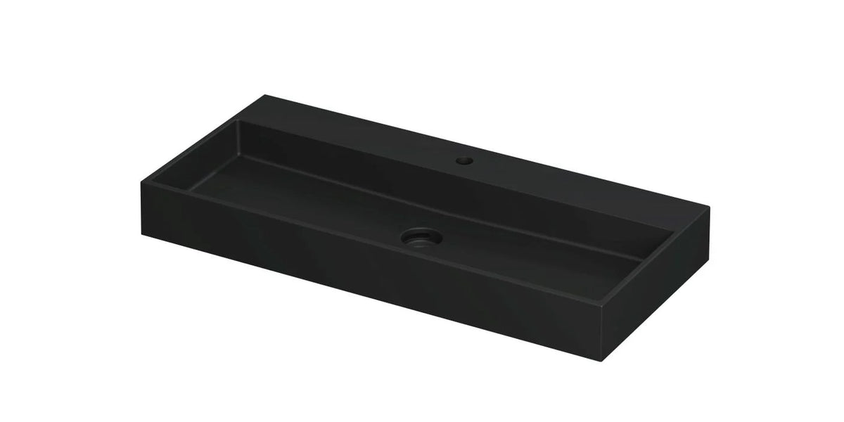 Ink United wastafel - porselein met 1 kraangat incl. porseleinen click plug en verborgen overloop systeem - Mat Zwart - 100x45 cm
