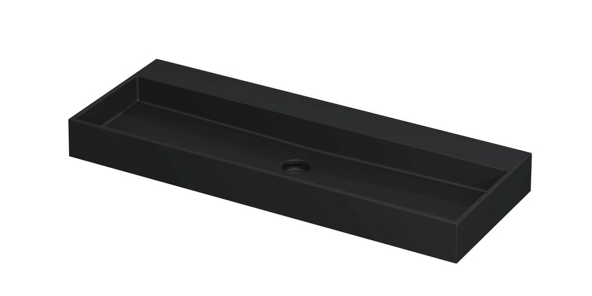 Ink United wastafel - porselein zonder kraangat incl. porseleinen click plug en verborgen overloop systeem - Mat Zwart - 120x45 cm - 0206094
