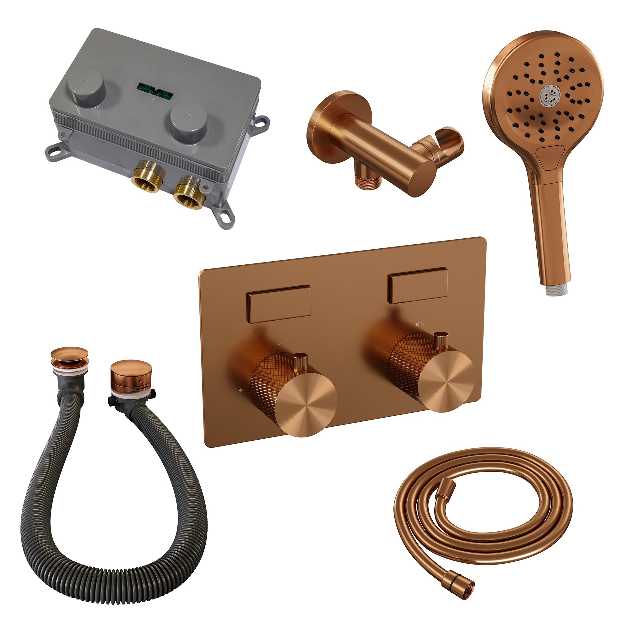 Brauer Brushed Carving thermostatische inbouw badkraan met drukknoppen SET 04 met badvulcombinatie en 3-standen handdouche en doucheslang en wandaansluitbocht Geborsteld RVS PVD -  5-NG-213