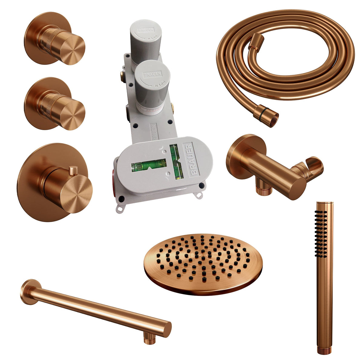 Brauer Edition thermostatische inbouw doucheset - Geborsteld Koper PVD - hoofddouche 20cm - wandarm - staafhanddouche