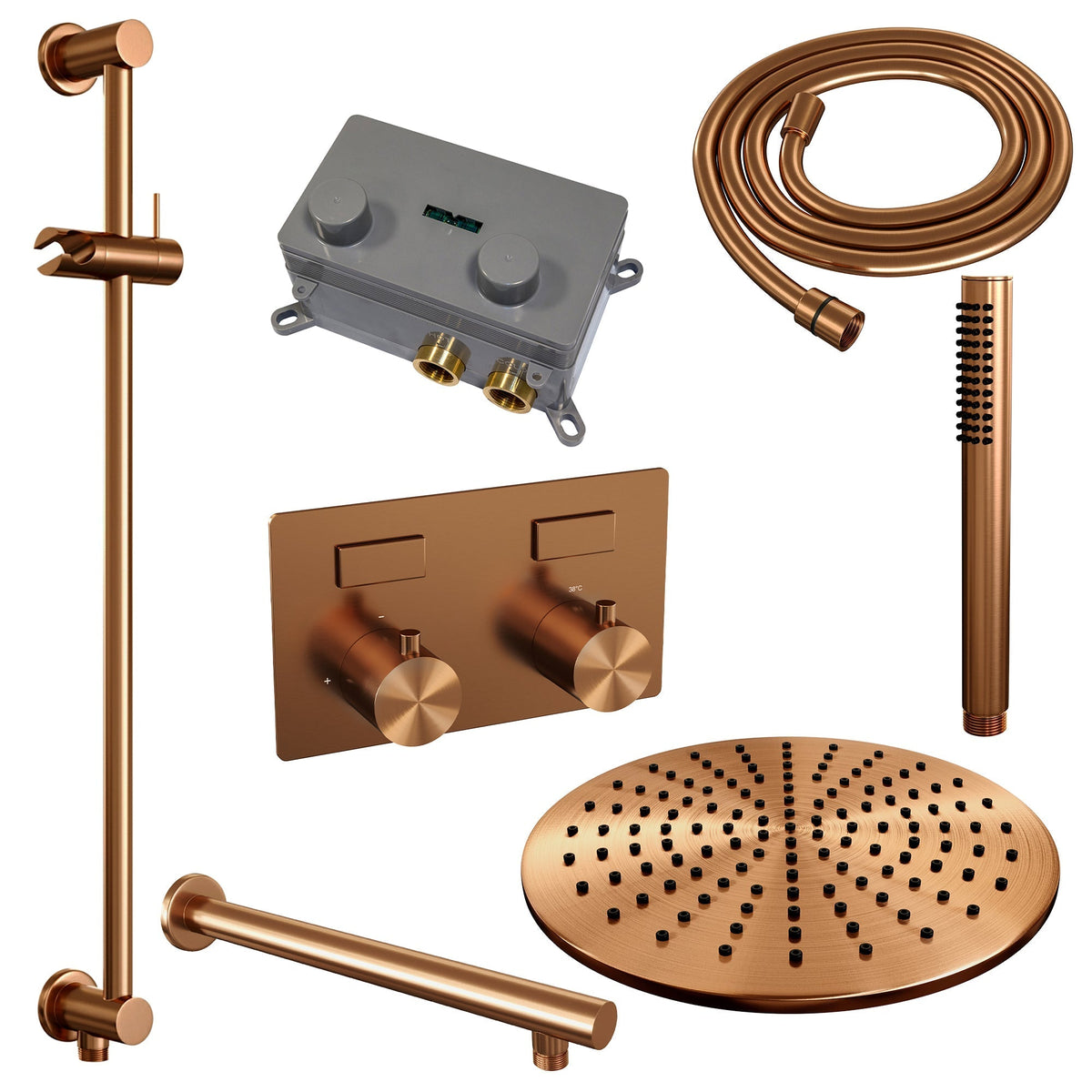 Brauer Edition inbouw doucheset - staafhanddouche - 30cm hoofdouche - rechte wandarm - glijstang - Geborsteld Koper PVD
