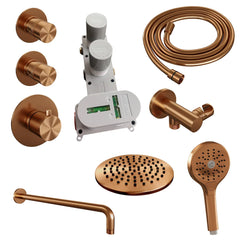 Brauer Edition thermostatische inbouw doucheset - hoofddouche 20cm - wandarm gebogen - ronde handdouche - Geborsteld Koper PVD