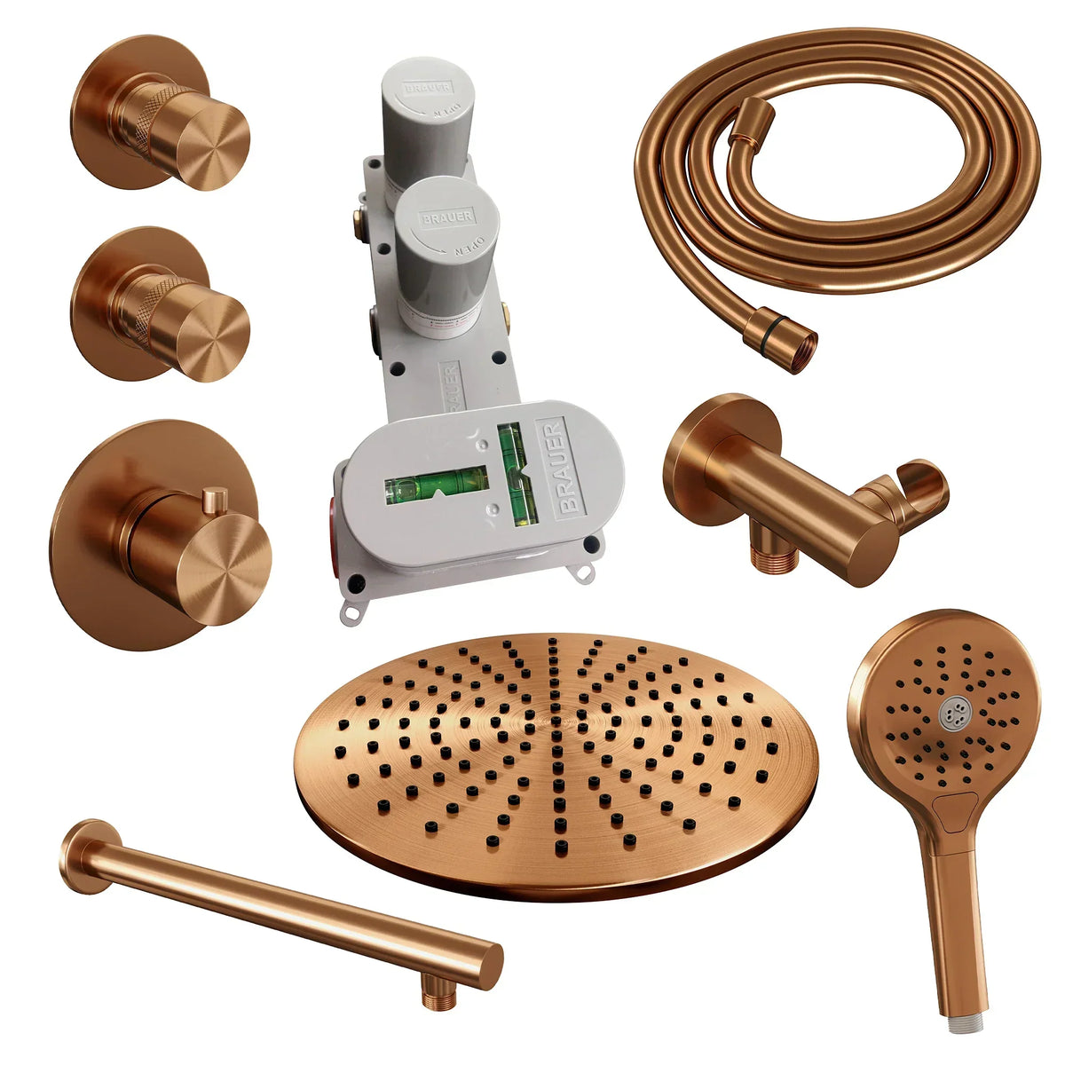 Brauer Edition thermostatische inbouw doucheset - Geborsteld Koper PVD - hoofddouche 30cm - wandarm - ronde handdouche