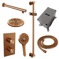 Brauer Carving inbouwset met 3-weg thermostaat - hoofddouche 20cm - rechte wandarm 40cm - ronde 3-standen handdouche - glijstang met aansluitbocht - Geborsteld Koper PVD