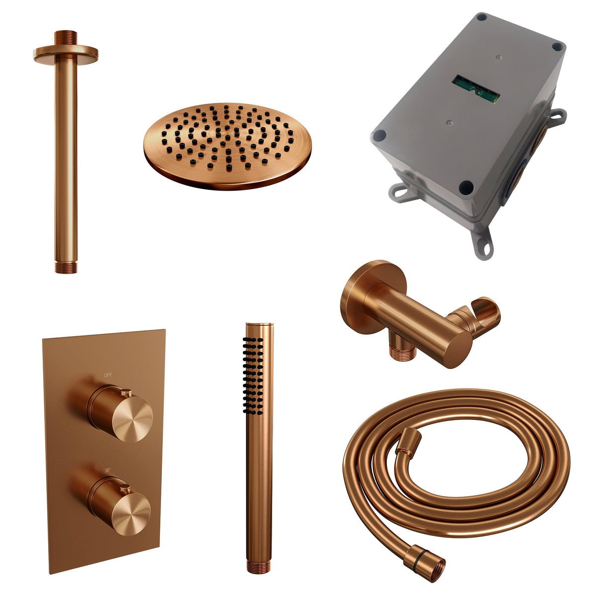 Brauer Edition inbouwset met 3-weg thermostaat - hoofddouche 30cm - plafondbuis 20cm - staafhanddouche - wandaansluiting - Geborsteld Koper PVD